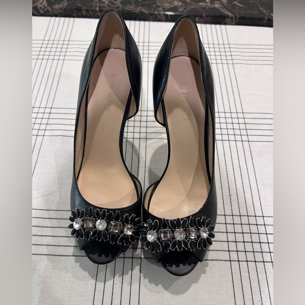 Nine West Rhinestone Pump Genuine Black Leather Women’s 7